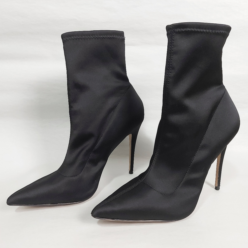Aldo Black Satin Pointed Toe Stiletto Sock Boots